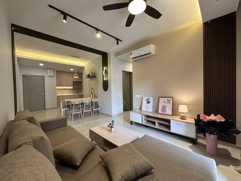 Living features: 3-seater fabric sofa in beige, coffee table, TV console, wall-mounted TV, area rug, ceiling fan with light, recessed LED downlights, decorative wall art, lampshade with decorative design, built-in cabinetry, neutral painted walls, tile flooring; style: modern. Dining features: 6-seater dining table, wooden dining chairs, open-plan layout, neutral painted walls, recessed lighting; style: modern.