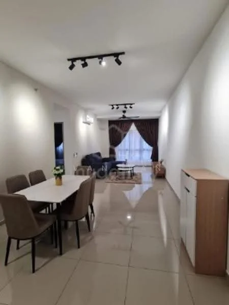 Living features: white painted walls, glossy tile flooring, recessed LED downlights, sofa in dark color, coffee table, TV console, wall-mounted TV, curtains in dark color, area rug, dining table with 6 chairs, decorative plant on table, air conditioning unit; style: modern.