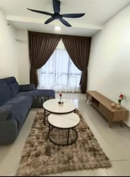 Living features: 3-seater fabric sofa in dark blue, 2 round coffee tables with white tops, area rug with plush texture, wooden TV console, floor-to-ceiling window with sheer curtains, brown drapes, wall-mounted decor, neutral painted walls, ceiling fan with light; style: modern.