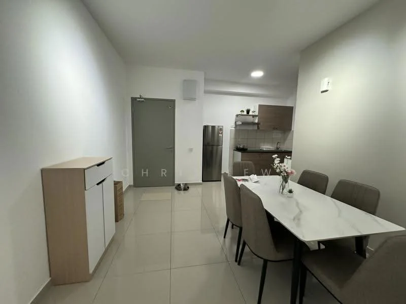 Dining features: marble dining table, upholstered dining chairs, sideboard with white and wood finish, grey painted walls, tile flooring, recessed downlights, stainless-steel fridge, kitchen cabinetry, open layout, decorative flowers on table; style: modern.