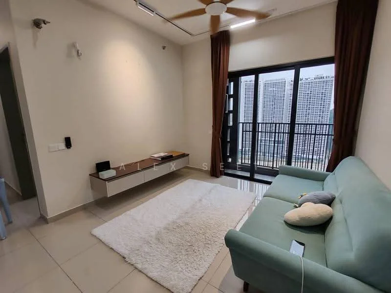 Living features: light green fabric sofa, white area rug, wall-mounted TV console, floor-to-ceiling windows, curtains in dark brown, ceiling fan with light, neutral painted walls, ceramic tile flooring; style: modern; view: city.