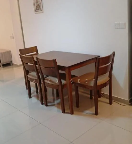 Dining features: wooden dining table, 4 wooden dining chairs, beige upholstered chair cushions, white painted walls, glossy tile flooring, framed artwork on wall; style: modern.
