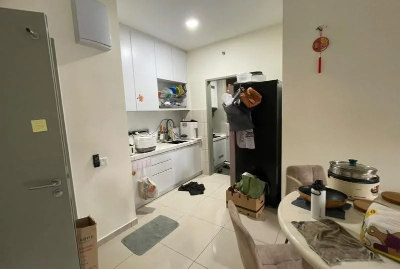 Kitchen features: white cabinetry, stainless-steel fridge, built-in oven, ceramic tile flooring, white walls, countertop with storage, sink, kettle, cooking pot, dining table, chairs, wall-mounted shelves; style: modern.
