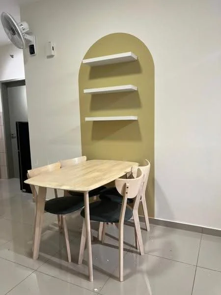 Dining features: light wood dining table, 4 dining chairs in light wood, grey upholstered seat cushions, white floating shelves, arched wall feature in beige, glossy tile flooring, wall-mounted air conditioning unit, neutral painted walls; style: modern.