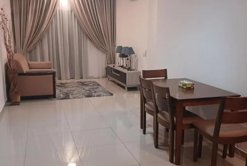 Living features: cream painted walls, glossy tile flooring, sofa in beige fabric, coffee table, TV console, wall-mounted TV, floor-to-ceiling curtains in grey, 2 bedside lamps, decorative plant in vase; style: modern. Dining features: wood dining table, 4 dining chairs, decorative item on table; style: modern.