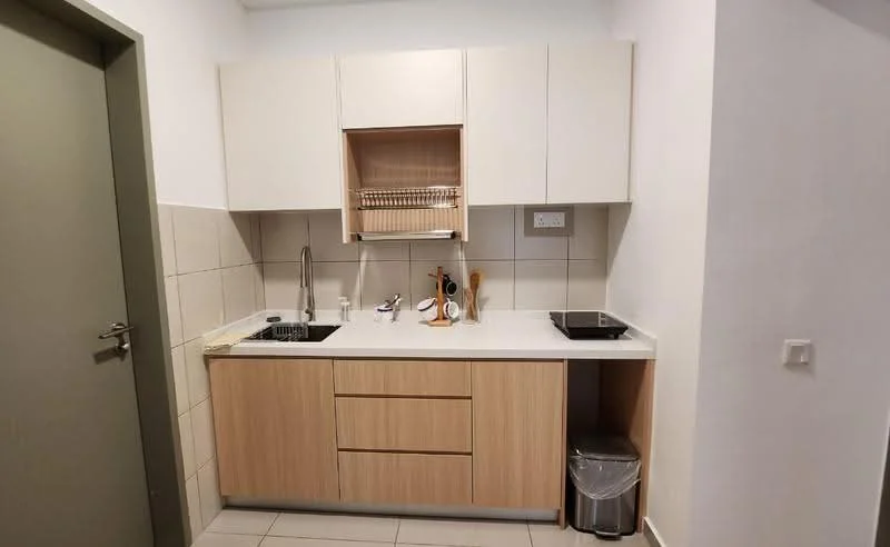 Kitchen features: single-bowl stainless-steel sink, chrome pull-down faucet, white laminate countertop, light wood cabinetry, built-in upper cabinets, tile backsplash, ceramic tile flooring, kitchen appliances, kitchen utensils, trash bin; style: modern.