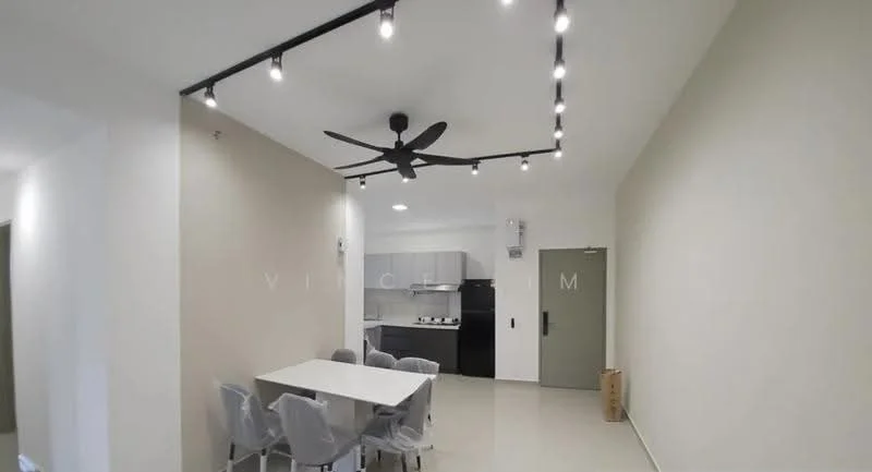 Dining features: white painted walls, polished tile flooring, 5-blade ceiling fan with light, dining table with 6 chairs, recessed downlights, open layout to kitchen, kitchen cabinetry visible, grey kitchen countertops; style: modern.