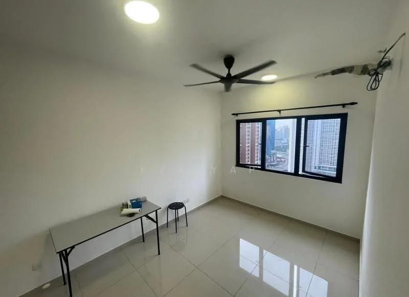 Room features: white painted walls, glossy tile flooring, 5-blade ceiling fan, floor-to-ceiling windows, blackout curtains, desk, stool, city view; style: modern; view: city.