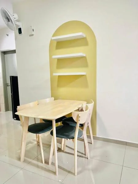 Dining features: light wood dining table, 4 wooden dining chairs, green upholstered chair seats, white floating shelves, yellow accent wall, glossy tile flooring, wall-mounted air conditioning unit, neutral painted walls; style: minimalist.