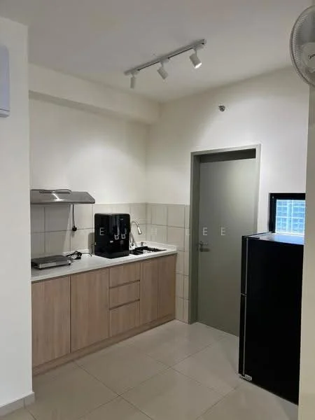 Kitchen features: white painted walls, light beige cabinetry, stainless-steel sink, chrome pull-down faucet, built-in stove with hood, black countertop, tile backsplash, fridge, wall-mounted split AC, recessed LED downlights, ceramic tile flooring; style: modern.