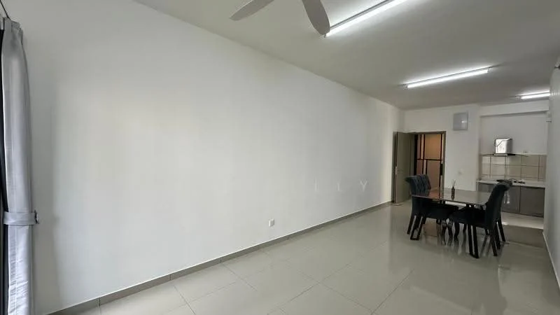 Dining features: white painted walls, glossy tile flooring, ceiling with fluorescent lights, dining table with four chairs, open layout to kitchen, large window with sheer curtains, ceiling fan; style: modern. Kitchen features: kitchen cabinetry, countertop, stainless-steel sink, built-in stove, tile backsplash; style: modern.