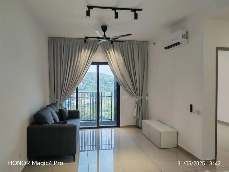 Living features: grey fabric sofa, white storage bench, floor-to-ceiling windows, sliding glass door, curtains in light grey, 5-blade ceiling fan with light, wall-mounted split AC, glossy tile flooring, mountain view, neutral painted walls, recessed LED downlights; style: modern; view: mountain.