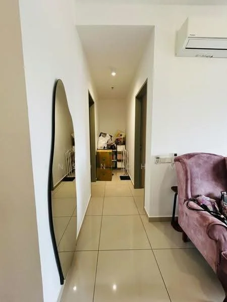 Room features: white painted walls, glossy tile flooring, recessed downlights, 1 wall-mounted split AC, full-length mirror, doorways leading to other rooms, boxes and clutter visible, neutral color scheme; style: modern.