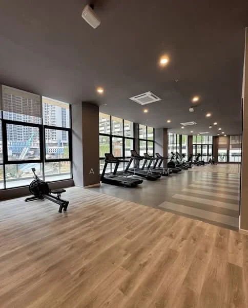 Room features: wooden flooring, grey painted walls, large windows, multiple treadmills, rowing machine, recessed downlights, air conditioning unit, open layout; style: modern; view: city.