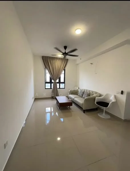 Living features: cream painted walls, glossy tile flooring, 5-blade ceiling fan with light, large window with sheer curtains, sofa in light grey fabric, wood coffee table, white accent chair, wall-mounted electrical outlets; style: modern.