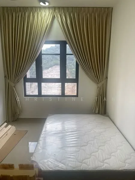 Bedroom features: queen-size bed, floor-to-ceiling windows, curtains in beige, white painted walls, glossy tile flooring, decorative ceiling light, wooden bed frame, mountain view; style: modern; view: mountain.