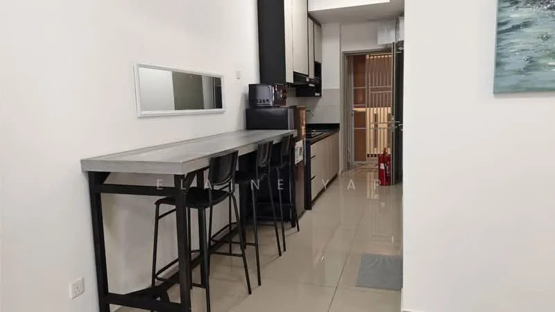 Kitchen features: grey concrete countertop, black bar stools, black cabinetry, stainless-steel sink, chrome faucet, built-in oven, stove with 4 burners, white tiled backsplash, refrigerator, tile flooring, wall-mounted mirror, open layout, under-cabinet lighting; style: modern.