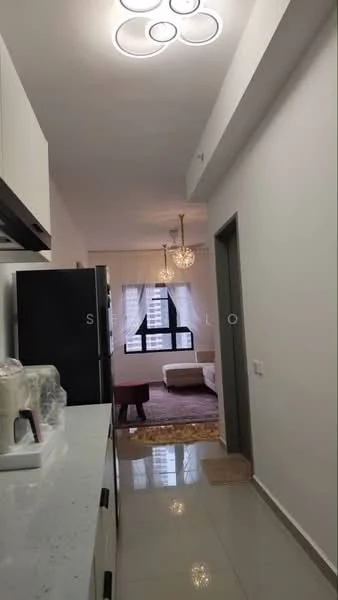 Kitchen features: white cabinets, black refrigerator, grey countertop, recessed lighting, modern pendant light, tile flooring, open layout; style: modern. Living features: chandelier, large window with sheer curtains, area rug, sofa, coffee table, decorative wall, wooden flooring; style: modern.