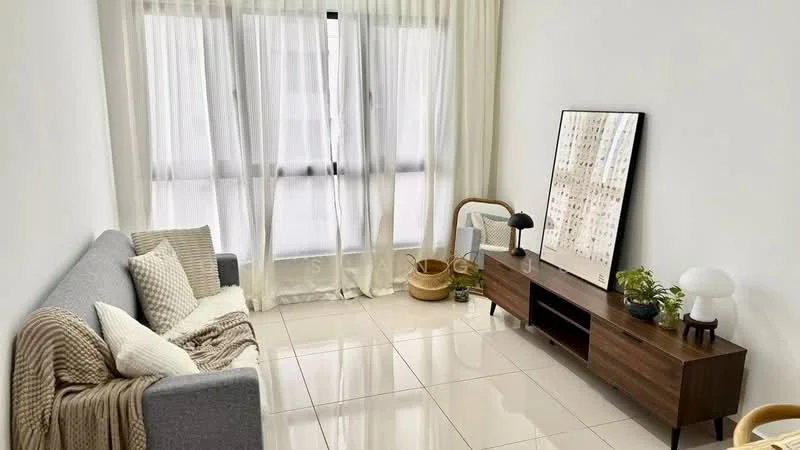 Living features: grey fabric sofa, throw blanket on sofa, 2 decorative cushions, wooden TV console, table lamp on console, large framed mirror, potted plant on console, white ceramic lamp, white sheer curtains, glossy tile flooring, natural light from window; style: modern.
