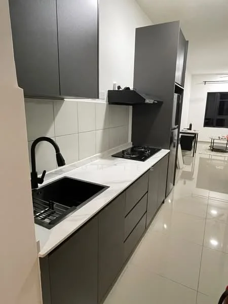 Kitchen features: black cabinetry, white quartz countertop, single-bowl stainless-steel sink, black gooseneck faucet, built-in gas hob, built-in oven, white tiled backsplash, ceramic tile flooring, recessed downlights, wall-mounted range hood; style: modern.