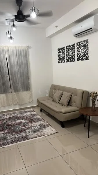Living features: 5-blade ceiling fan with light, recessed LED downlights, cream painted walls, white sheer curtains, grey fabric sofa, decorative throw pillows, round wooden side table, area rug with intricate pattern, wall-mounted air conditioning unit, decorative wall art; style: modern.