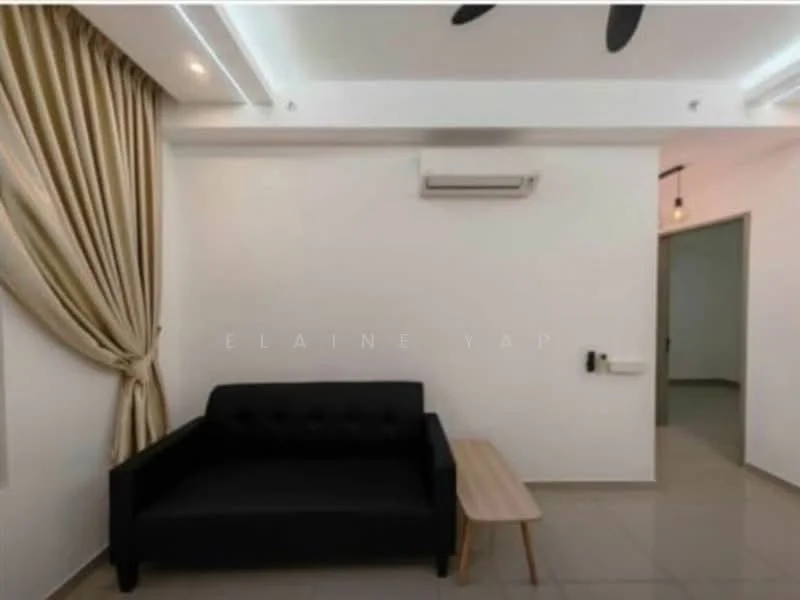 Living features: black fabric sofa, wooden coffee table, wall-mounted split AC, recessed LED downlights, ceiling fan, cream curtains, light-colored tiled flooring, white painted walls; style: modern.