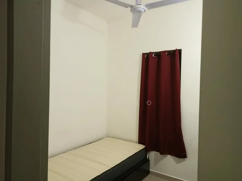 Bedroom features: white painted walls, single bed frame, mattress, red curtains, ceiling fan, tile flooring.