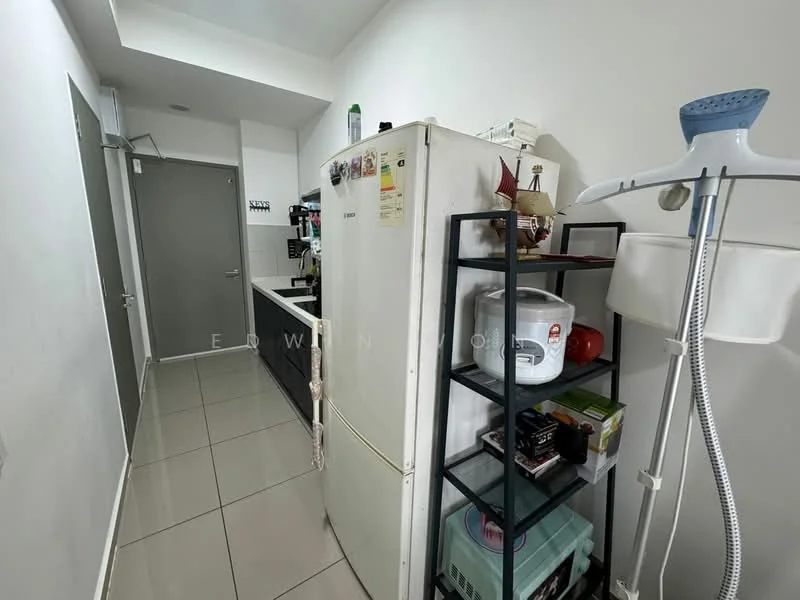 Kitchen features: white painted walls, grey tile flooring, built-in cabinetry, stainless-steel fridge, countertop, kitchen appliances, open shelving, utility rack, door to hallway; style: modern.