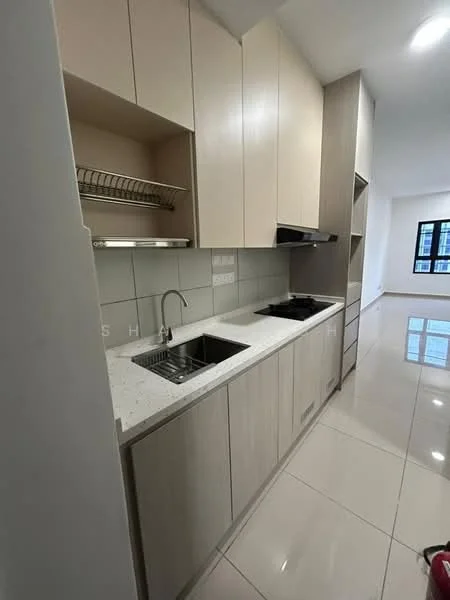 Kitchen features: light wood cabinetry, white quartz countertop, single-bowl stainless-steel sink, chrome pull-down faucet, built-in gas hob, extraction hood, open shelving, ceramic tile flooring, white tiled backsplash, recessed downlights; style: modern.