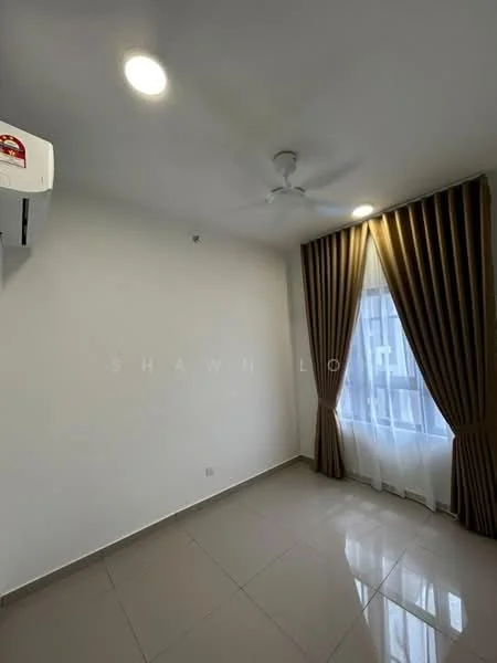 Room features: white painted walls, glossy tile flooring, ceiling fan, 1 wall-mounted split AC, floor-to-ceiling window, sheer curtains, brown curtain drapes, recessed lighting; style: modern.