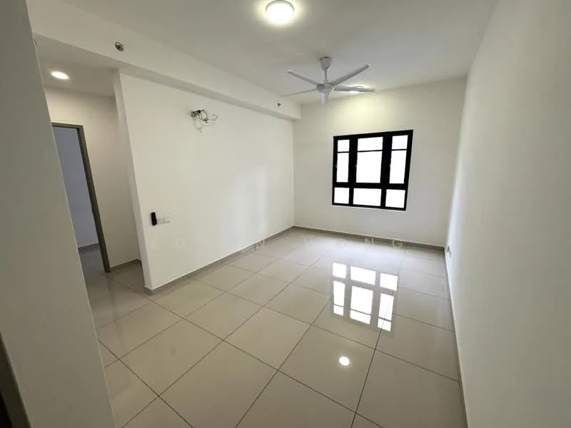 Room features: white painted walls, glossy ceramic tile flooring, 5-blade ceiling fan with light, large window with black frames, recessed ceiling lights, doorway leading to another room; style: modern.