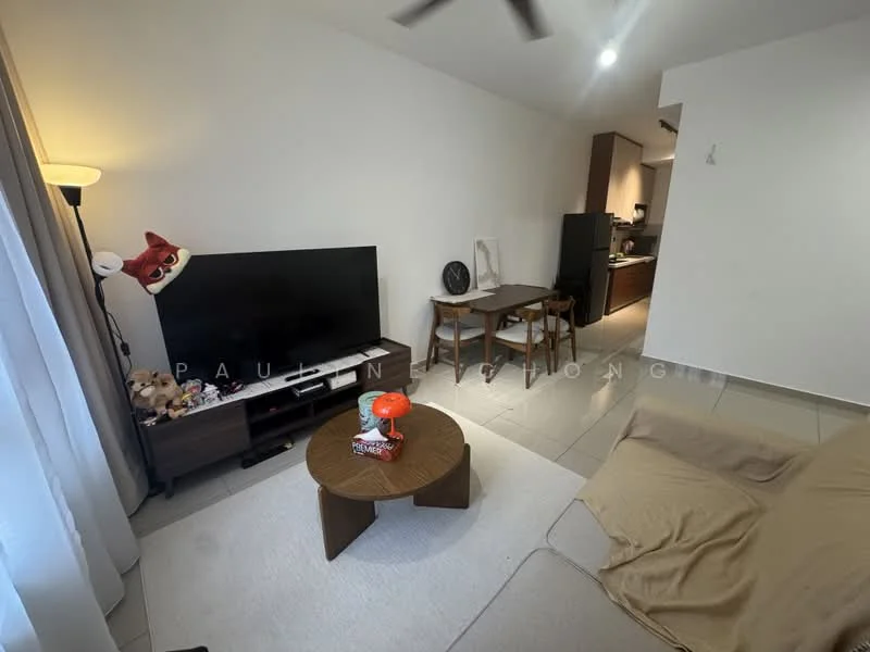 Living features: 3-seater fabric sofa in beige, coffee table, wall-mounted TV, TV console, area rug, floor-to-ceiling windows with sheer curtains, ceiling fan, decorative lamp, dining table with two chairs, kitchen visible in background; style: modern.