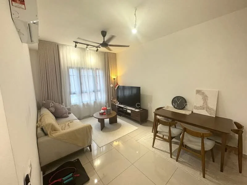Living features: 3-seater fabric sofa in beige, coffee table, wall-mounted TV, TV console, area rug, 5-blade ceiling fan with light, floor-to-ceiling windows with sheer curtains, dining table for 4 with wooden chairs, light-colored walls, tile flooring, decorative wall clock; style: modern.