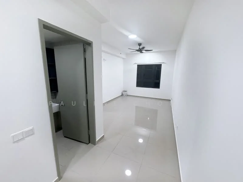 Room features: white painted walls, glossy ceramic tile flooring, ceiling fan, black framed window, door to adjacent room, recessed ceiling lights; style: modern.