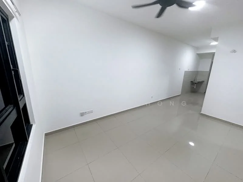 Room features: white painted walls, glossy ceramic tile flooring, ceiling fan, floor-to-ceiling window, kitchenette area visible in the background; style: modern.