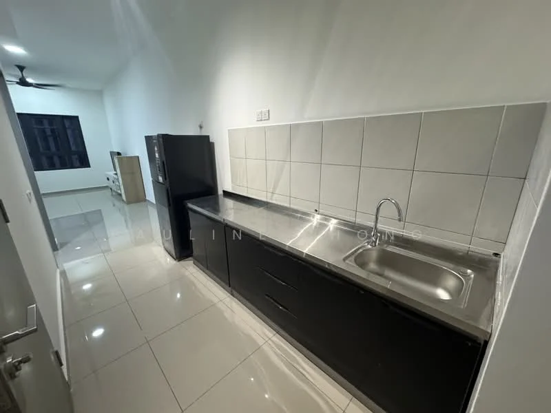 Kitchen features: black cabinetry, stainless-steel countertop, single-bowl stainless-steel sink, chrome pull-down faucet, white tiled backsplash, ceramic tile flooring, recessed downlights, floor-to-ceiling window, ceiling fan; style: modern. Room features: white walls, ceramic tile flooring.