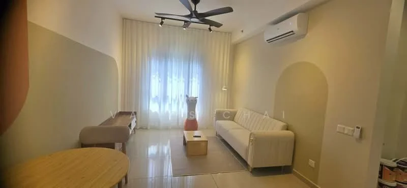 Living features: white painted walls, cream accent wall, polished tile flooring, 5-blade ceiling fan with light, floor-to-ceiling windows with sheer curtains, sofa in white fabric, wooden coffee table, wooden console table, air conditioning unit on wall, decorative floor lamp; style: modern.