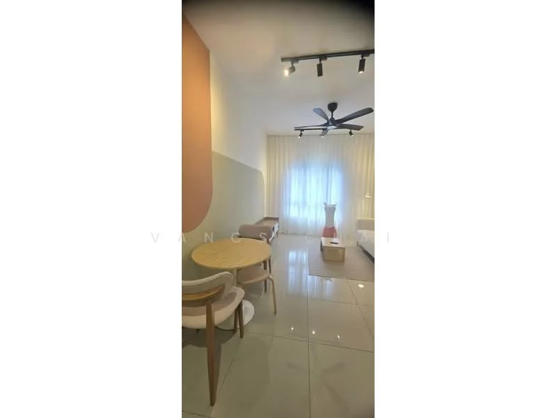 Living features: grey accent wall, white painted walls, polished tile flooring, 5-blade ceiling fan with light, recessed LED downlights, floor-to-ceiling windows with sheer curtains, round dining table, 2 dining chairs, sofa, coffee table, decorative vase; style: modern.