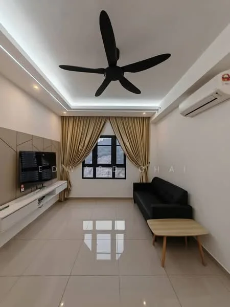 Living features: 5-blade ceiling fan with integrated LED light, wall-mounted TV, white TV console, black leather sofa, wooden coffee table, cream curtains, white painted walls, glossy tile flooring, air conditioning unit, floor-to-ceiling windows; style: modern; view: city.