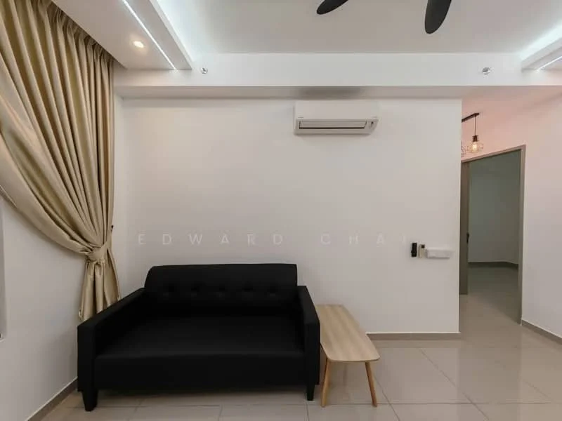Living features: black fabric sofa, wooden coffee table, white painted walls, cream curtains, recessed ceiling lights, ceiling fan, wall-mounted air conditioning unit, tile flooring; style: modern.