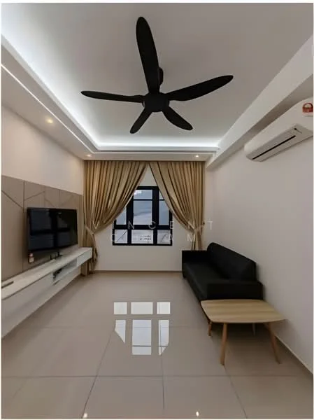 Living features: 3-blade ceiling fan with integrated LED light, wall-mounted TV, white wall-mounted TV console, black leather sofa, light wood coffee table, cream curtains, glossy beige tile flooring, recessed ceiling lights, floor-to-ceiling windows; style: modern; view: city.