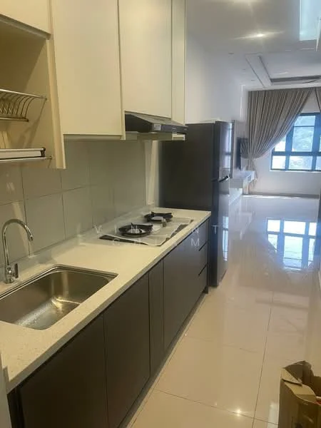 Kitchen features: single-bowl stainless-steel sink, chrome pull-down faucet, white quartz countertop, grey flat-panel cabinets, built-in gas hob with 2 burners, built-in stainless-steel range hood, ceramic tile backsplash, white tiled walls, polished ceramic tile flooring, floor-to-ceiling window, curtains, recessed downlights; style: modern; view: city.