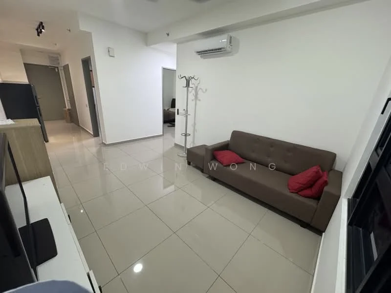 Living features: 3-seater fabric sofa in brown, 2 red decorative cushions, wall-mounted TV, TV console, glossy ceramic tile flooring, white painted walls, 1 wall-mounted split AC, recessed downlights, floor-to-ceiling windows, sheer curtains; style: modern.
