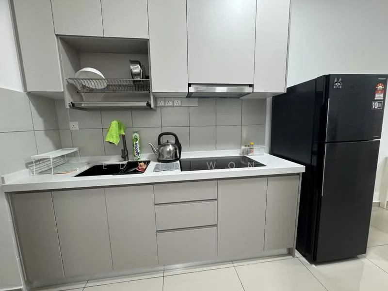 Kitchen features: grey cabinetry, white countertop, single-bowl stainless-steel sink, chrome pull-down faucet, built-in oven, black fridge, dish rack, wall-mounted shelving, ceramic tile flooring, white tiled backsplash, kettle, cleaning supplies, window with natural light; style: modern.