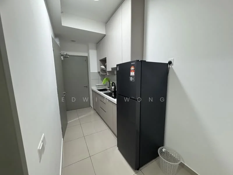 Kitchen features: white cabinetry, grey countertop, stainless-steel sink, chrome pull-down faucet, built-in oven, freestanding black fridge, ceramic tile flooring, recessed downlights, wall-mounted cabinets, open shelving, neutral wall colour, waste bin; style: modern.