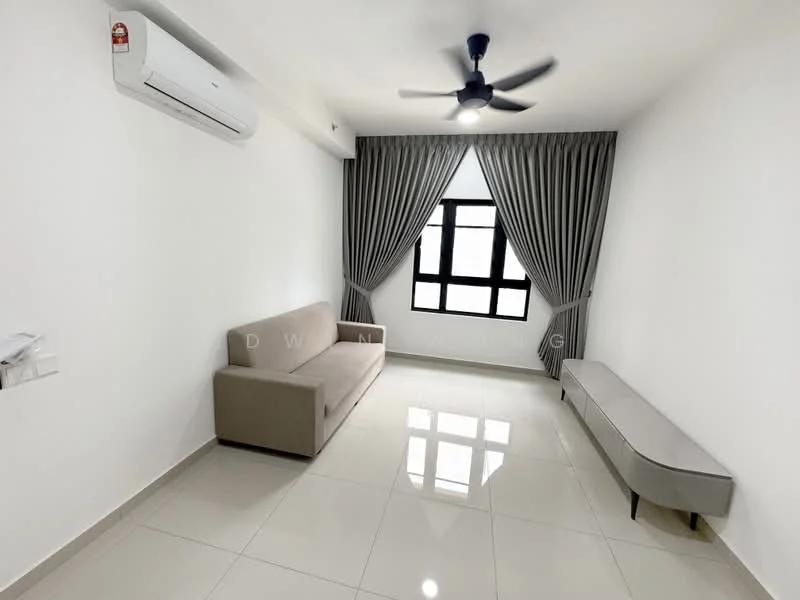Living features: white painted walls, glossy ceramic tile flooring, 5-blade ceiling fan with light, floor-to-ceiling window, grey curtains, sofa in beige, bench seating, wall-mounted split AC; style: modern.