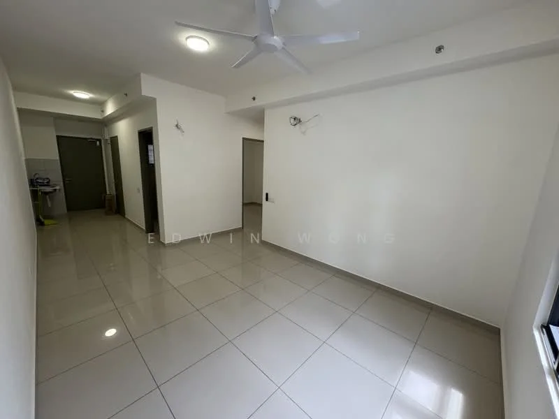 Room features: white painted walls, glossy ceramic tile flooring, ceiling with recessed lighting, ceiling fan, large window, neutral color scheme; style: modern.