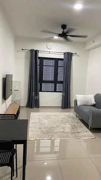 Living features: grey fabric sofa, white throw pillow, black dining table, black dining chairs, area rug with geometric pattern, wall-mounted TV, TV console, floor-to-ceiling windows, grey curtains, ceiling fan, recessed downlights, cream painted walls, glossy tile flooring; style: modern.