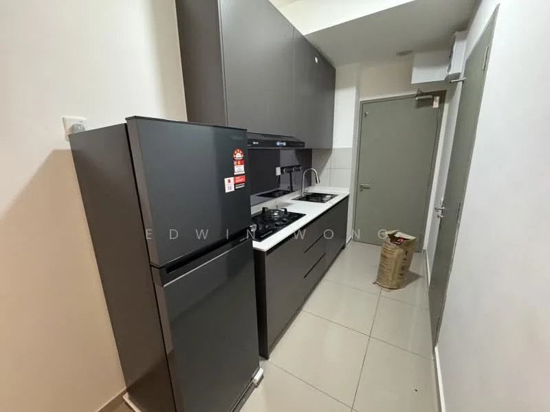 Kitchen features: grey cabinetry, white countertop, stainless-steel sink, chrome pull-down faucet, built-in gas hob, built-in oven, stainless-steel fridge, ceramic tile flooring, wall-mounted range hood, recessed downlights; style: modern.
