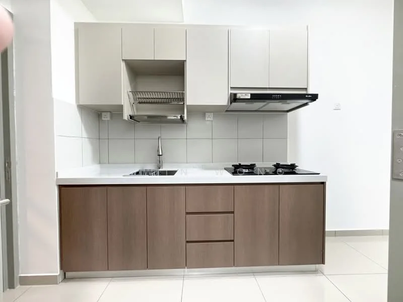 Kitchen features: white quartz countertop, brown wood cabinetry, stainless-steel sink, chrome pull-down faucet, built-in oven, 4-burner gas hob, exhaust hood, white tiled backsplash, ceramic tile flooring, under-cabinet lighting; style: modern.